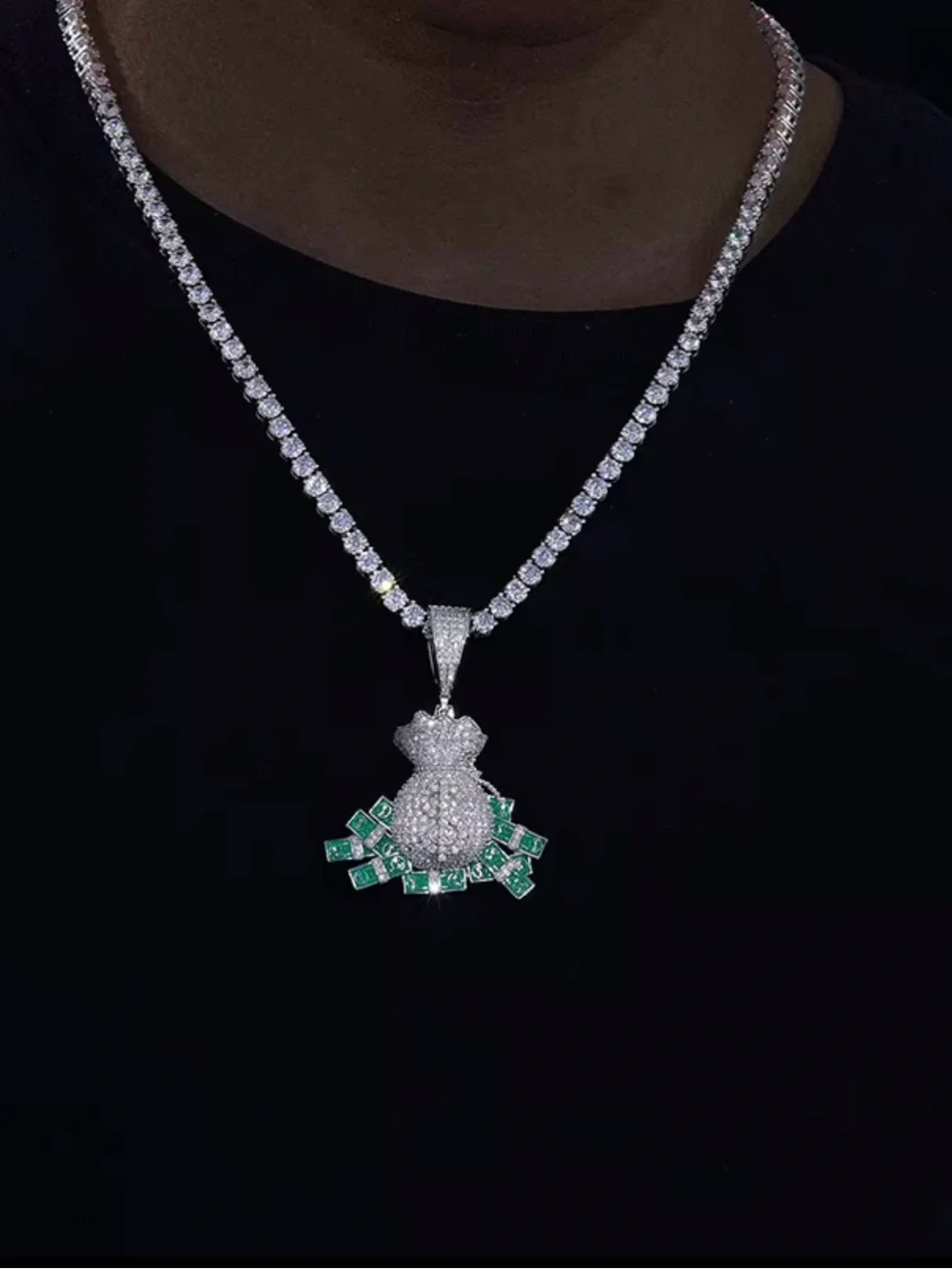 Luxury Moissanite Money Bag Pendant Necklace with Green Accents